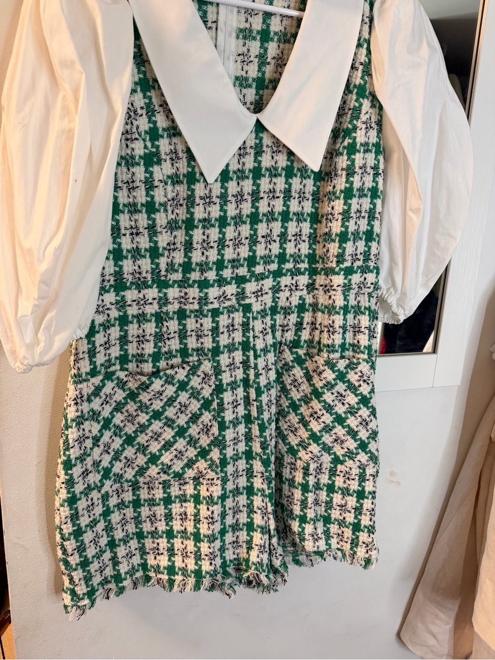 Zara Green and White Tweed Pinafore Dress with White Collar